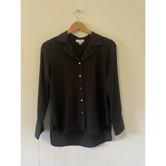 NEW Calvin Klein Petite Small Black Silver Button Down Long Sleeve Blouse Office - Picture 2 of 14